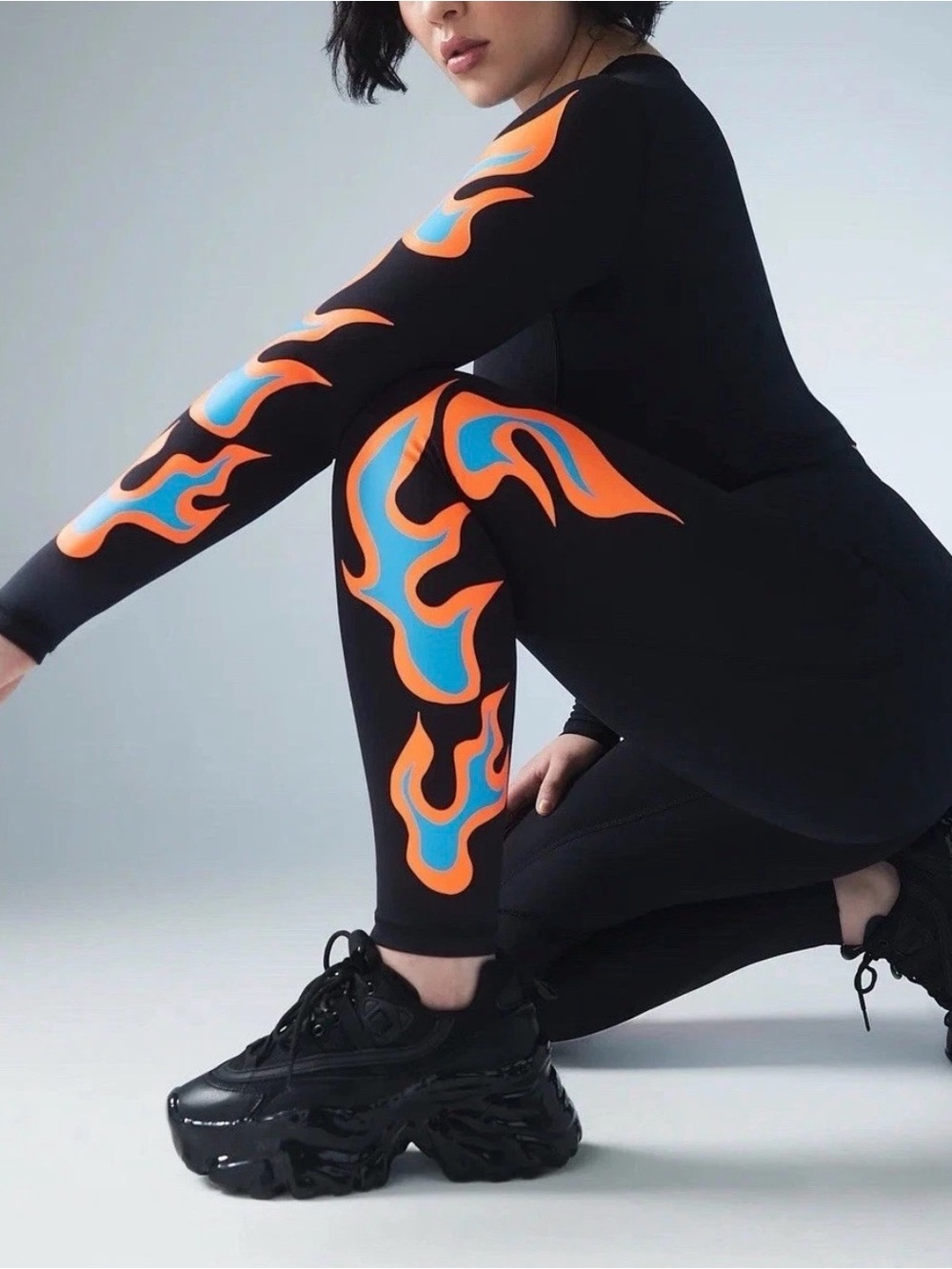 Savage X Fenty Black Leggings with Blue & Orange Flame Accent